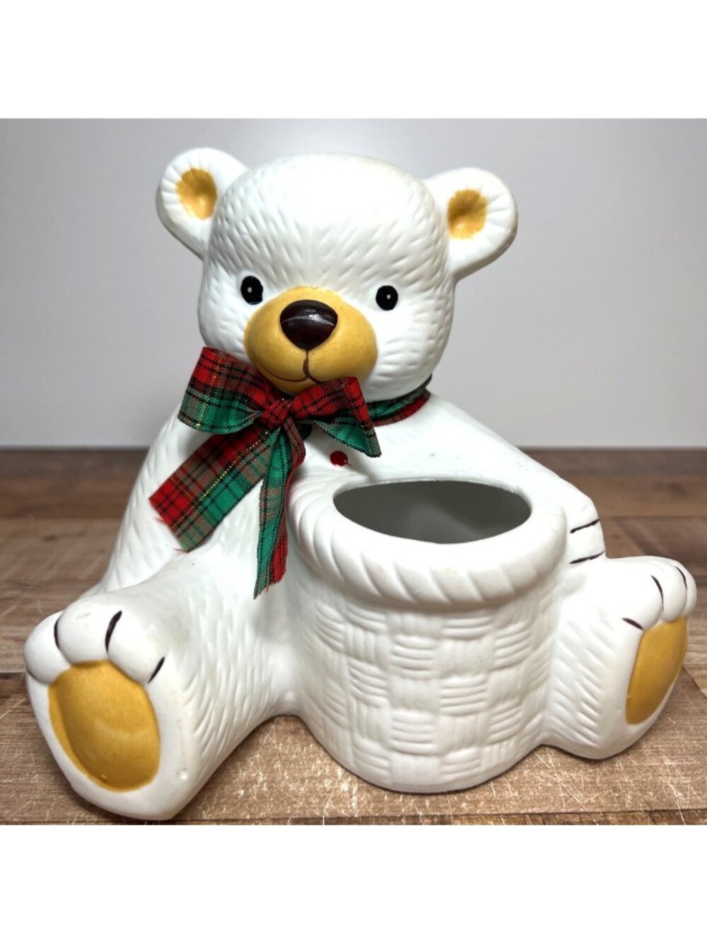 Vintage Christmas Ceramic Bear Planter With Tartan Bow - White Hand-Painted